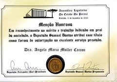 Certificado de Menção Honrosa concedido a Angela Ceccon pela Assembleia Legislativa do Paraná